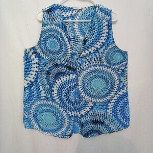 Milano Womens Top Blue & White Sleeveless V Neck Sz. L Silky Light Wt.